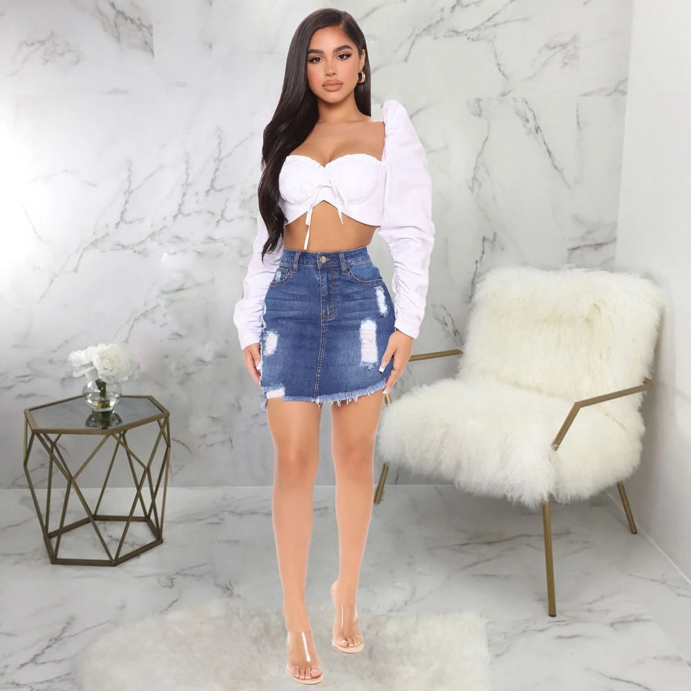 2023 Summer High Waist Denim Mini Skirt with Button Detail